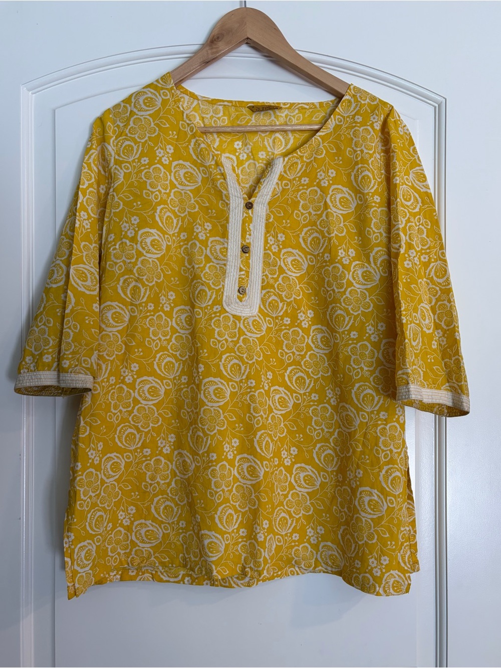 Aurelia Women’s Yellow Floral Henley Tunic cotton Top Size XL